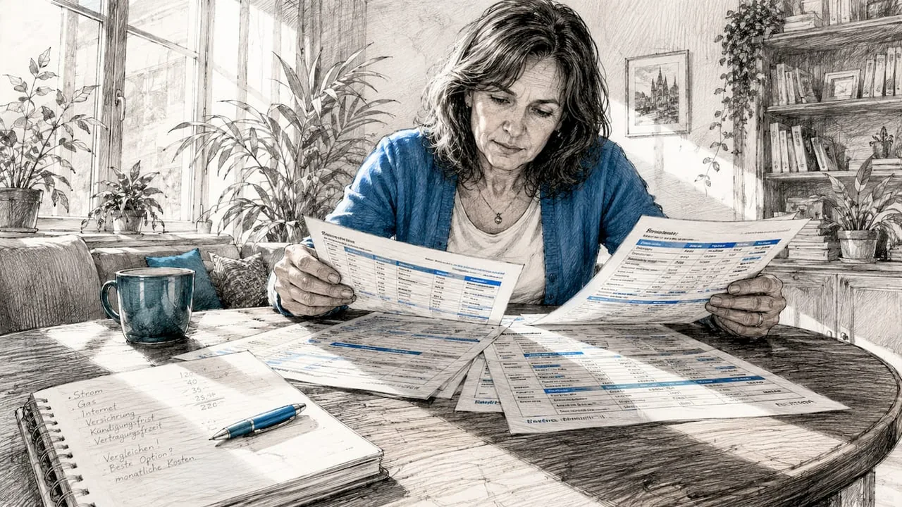 A person at home comparing different electricity tariffs and noting the unit price and monthly cost - meinetarife24.de