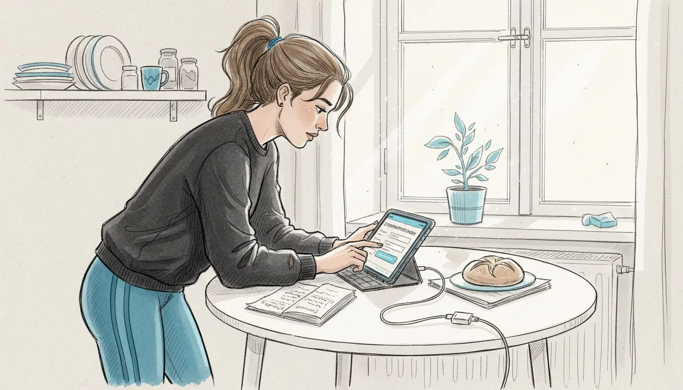 A woman sits at the kitchen table and compares current electricity tariffs with an online calculator