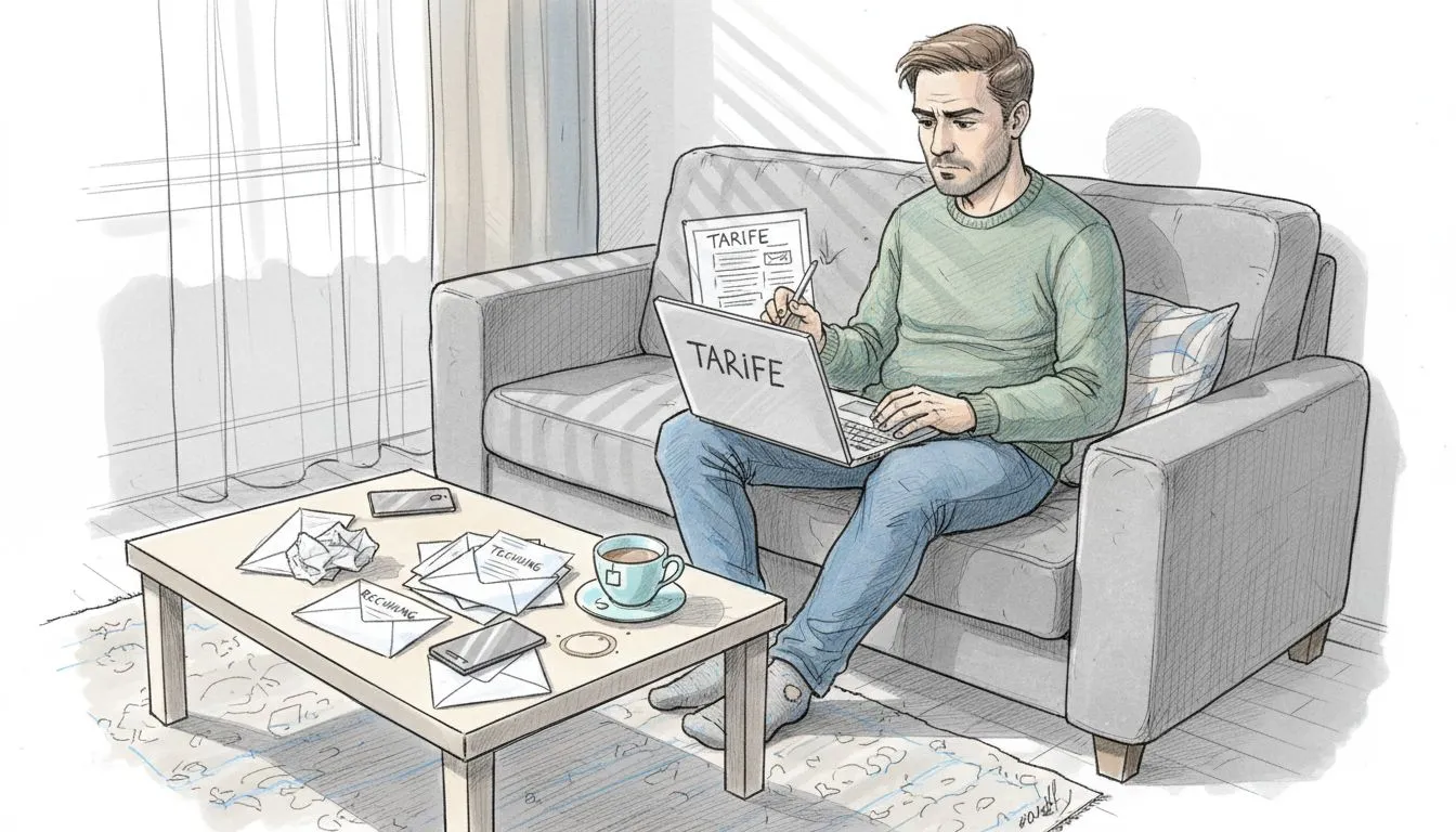 A man sits relaxed in his living room and checks various tariff offers on his laptop