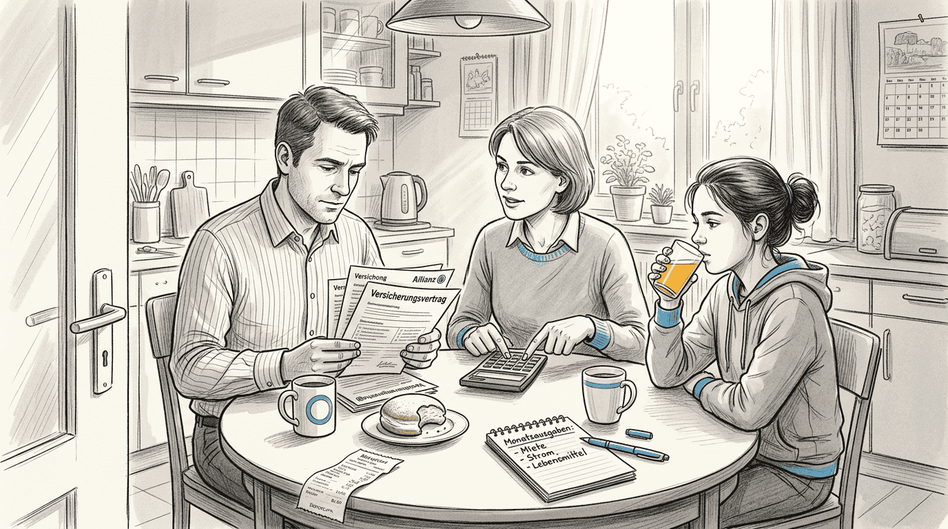 Eine Familie sitzt gemeinsam am Küchentisch und geht ihre Versicherungsunterlagen durch.