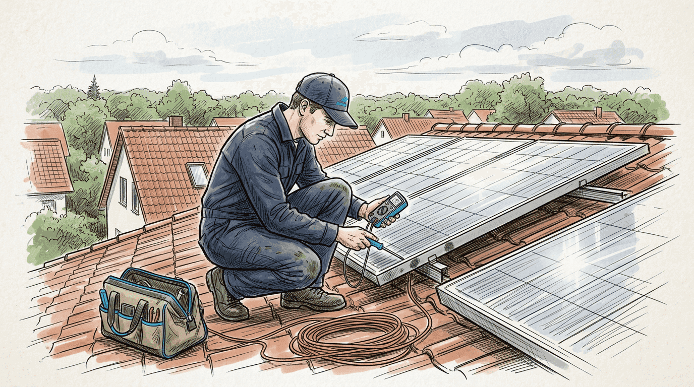 Ein Techniker überprüft die Solaranlagen auf dem Dach.