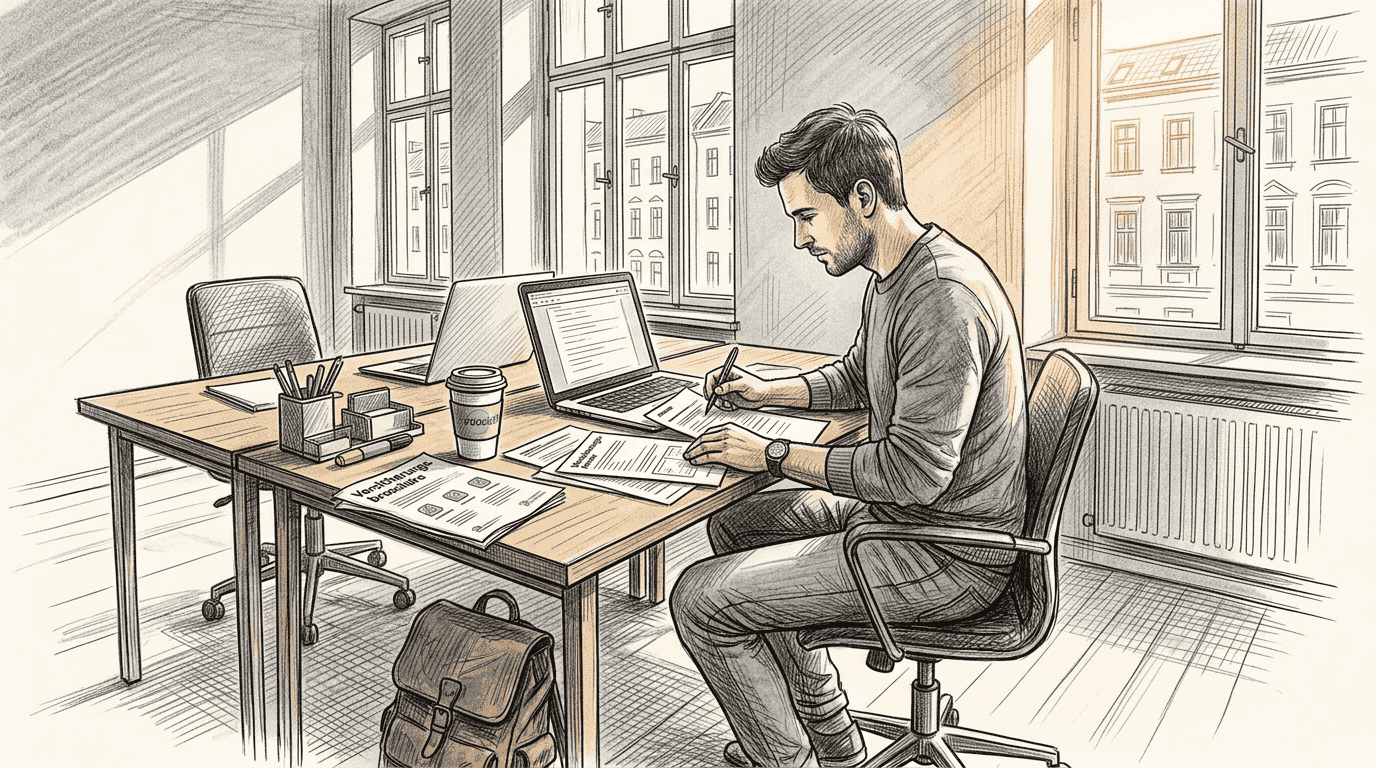 A man reviewing expat insurance documents in a Berlin office.