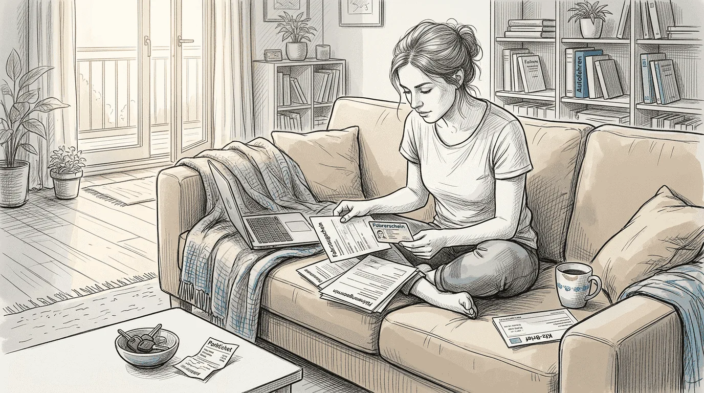 Woman reviewing car insurance documents at home