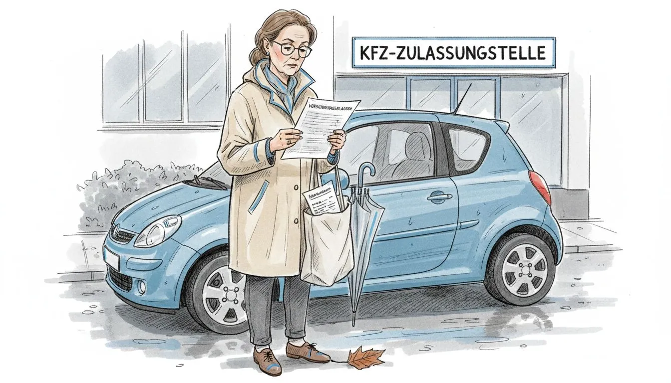 Bir kadin tescil dairesinde sigorta belgelerini dikkatle kontrol ediyor