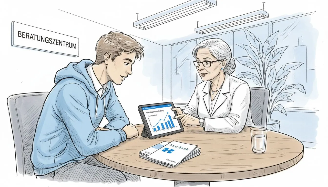 Genc bir yetiskin kredi almak icin banka danismaniyla gorusuyor