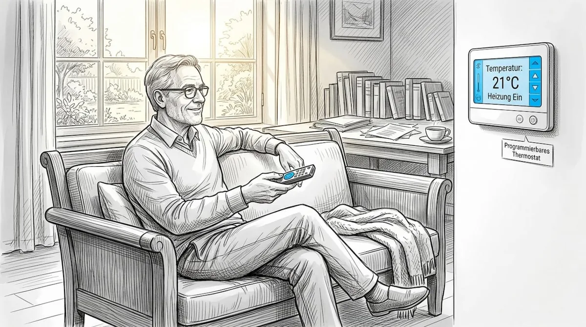 A man adjusting the heating in the living room