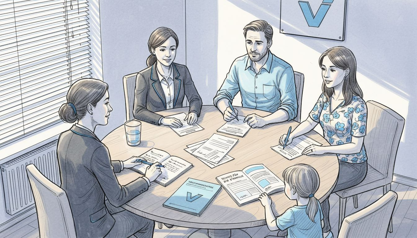 A family receiving comprehensive advice from their insurance consultant in an office.
