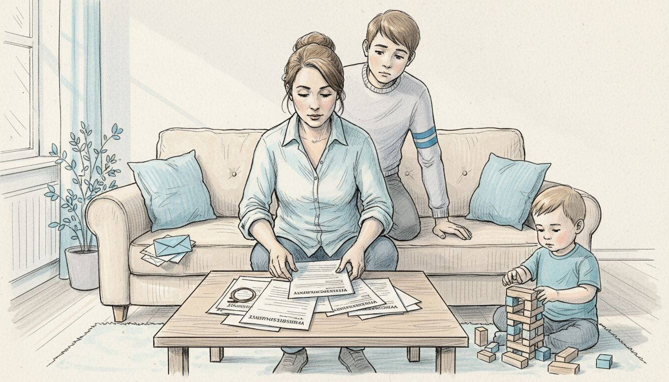 A mother sitting with her children at the kitchen table, organizing insurance documents.