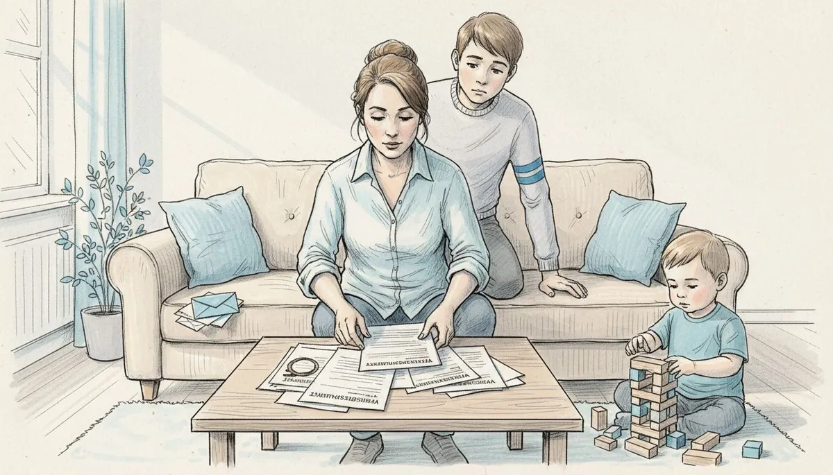 A mother sitting with her children at the kitchen table, organizing insurance documents.