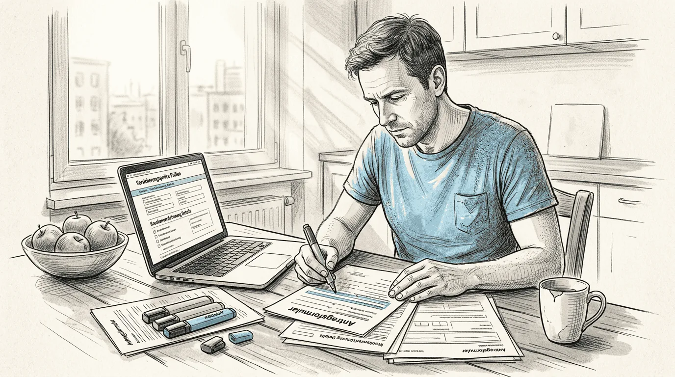 A person systematically reviews their insurance documents at a desk.