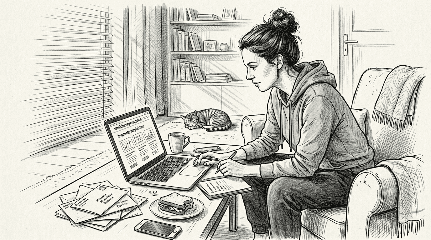 A woman compares insurance tariffs on her laptop and takes notes.