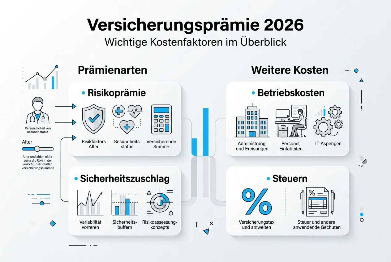 Uebersicht der Bestandteile einer Versicherungspraemie: Nettopraemie, Betriebskosten, Sicherheitszuschlag und Versicherungssteuer