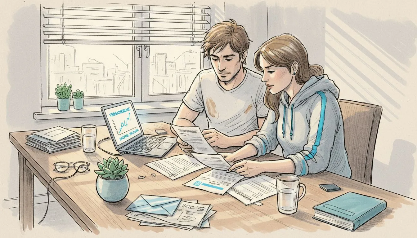 A couple sits together at the kitchen table going through their insurance documents