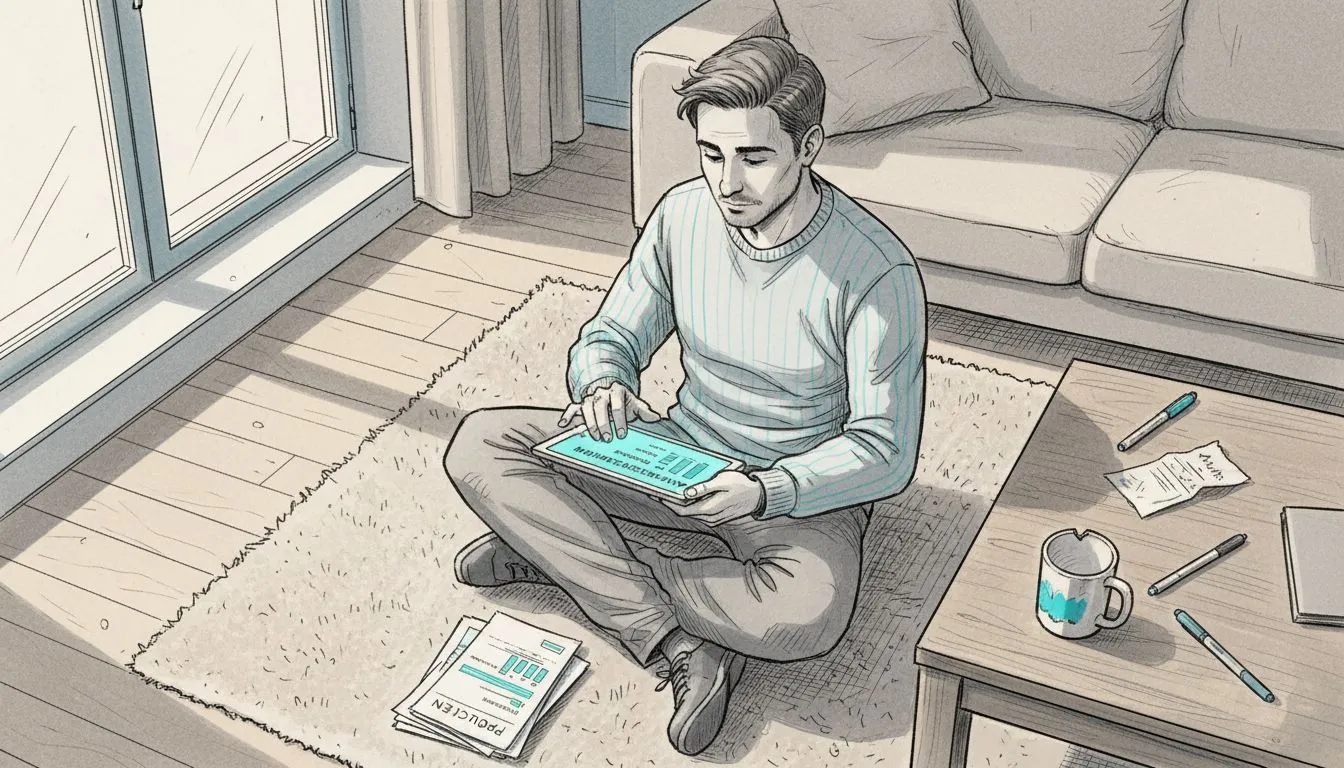 A man sits comfortably at home on his laptop comparing various car insurance options