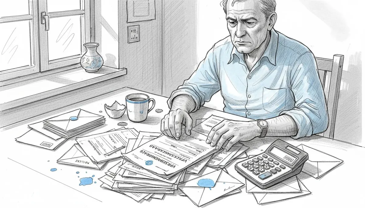 Bir adam mutfak masasinda oturarak eski sigorta belgelerini inceliyor.