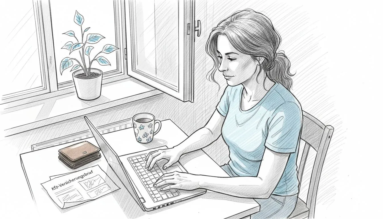 Eine Frau sitzt am Kuechentisch und prueft verschiedene Angebote fuer ihre Autoversicherung