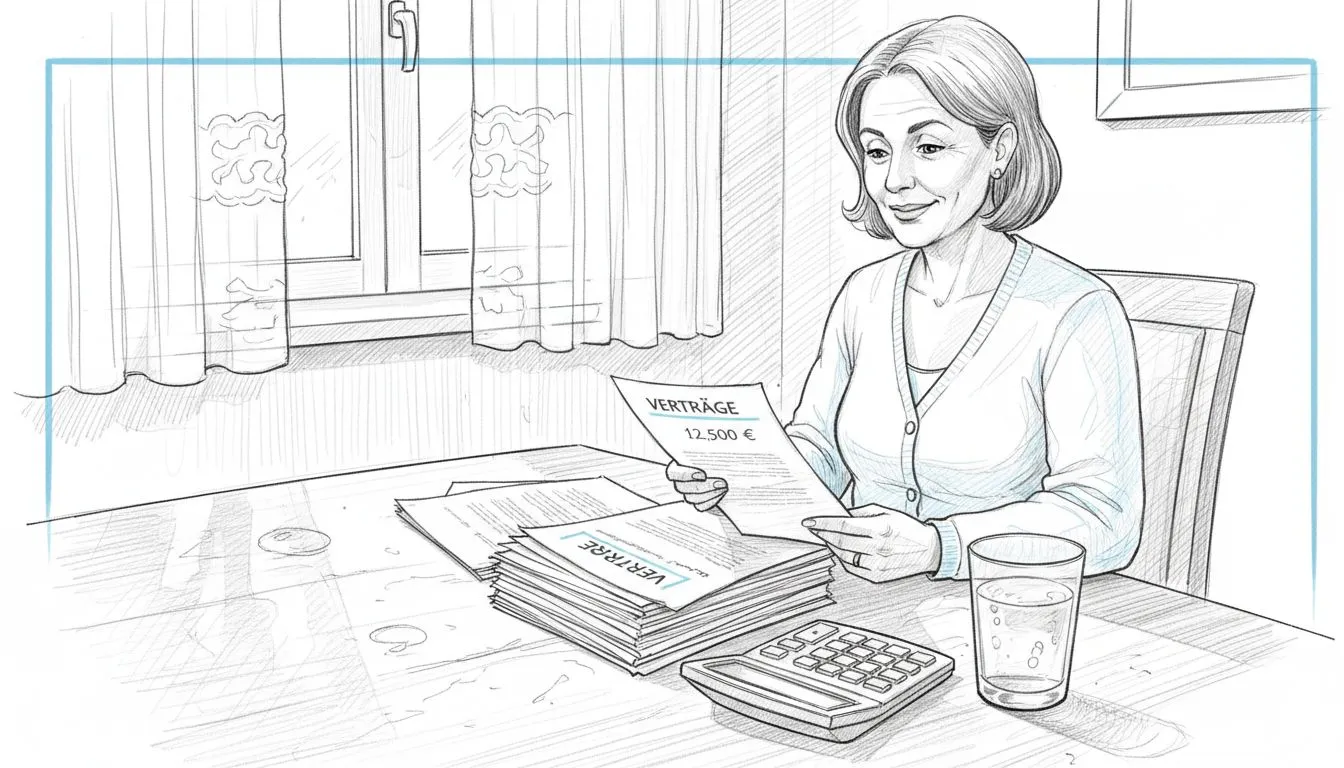 Bir kadin hesap makinesi kullanarak tasarruflarini ve sozlesmelerini inceliyor.