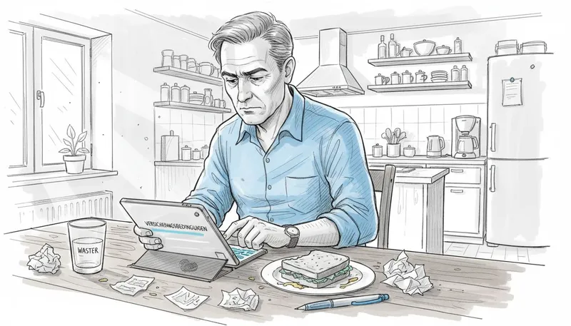 Ein Mann sitzt am Kuechentisch und wirft einen Blick auf seine Versicherungsunterlagen.