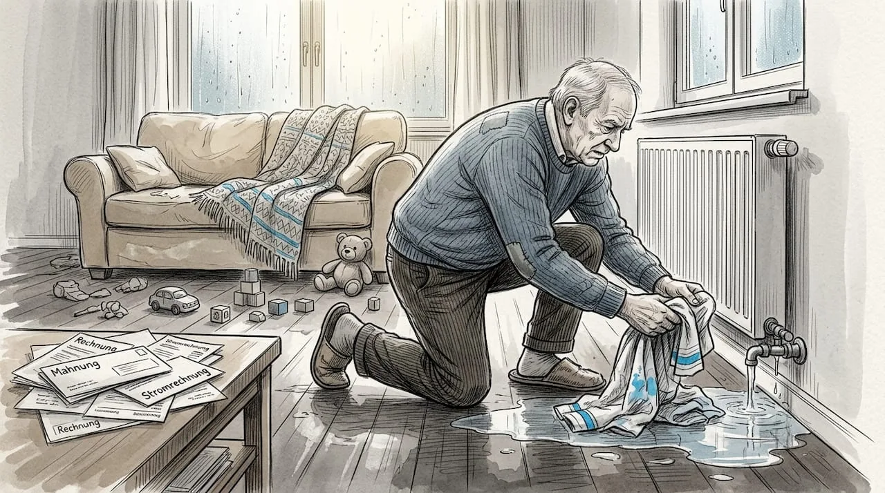 A man cleans up water damage after a pipe burst in his home.