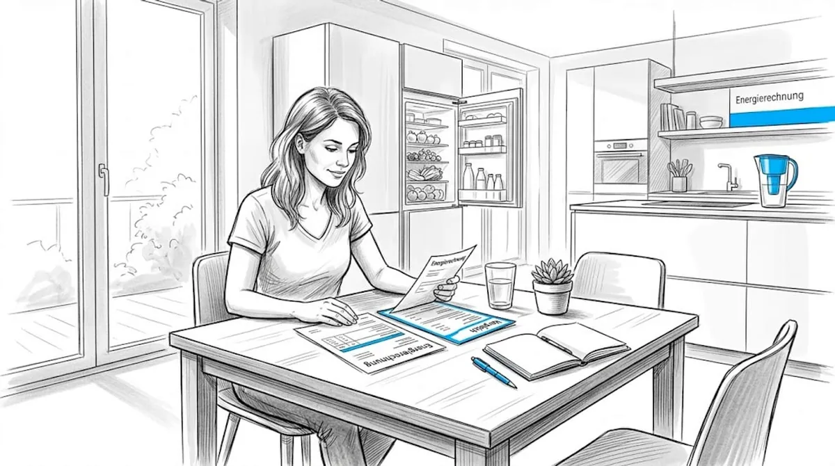 Woman at the kitchen table reviewing her electricity and gas bills to compare providers