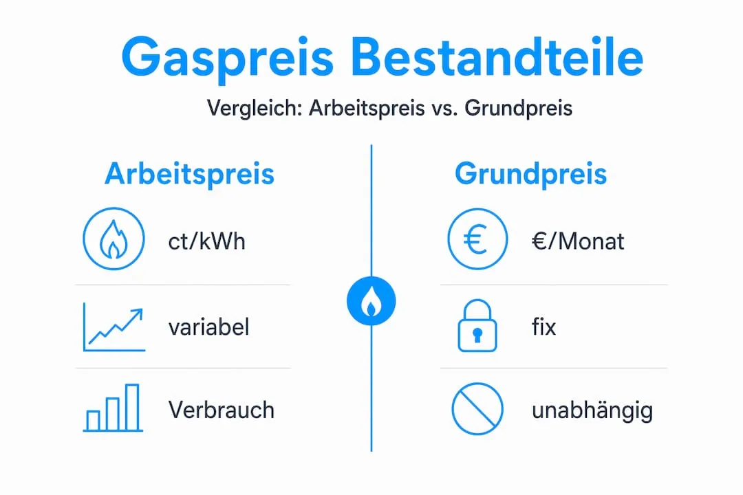 Overview: how unit price (Arbeitspreis) and base fee (Grundpreis) combine on a German gas bill