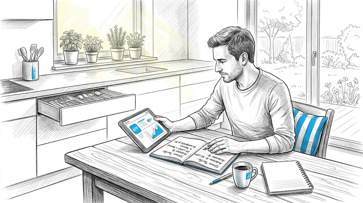 A man at the kitchen table comparing tariffs on a tablet