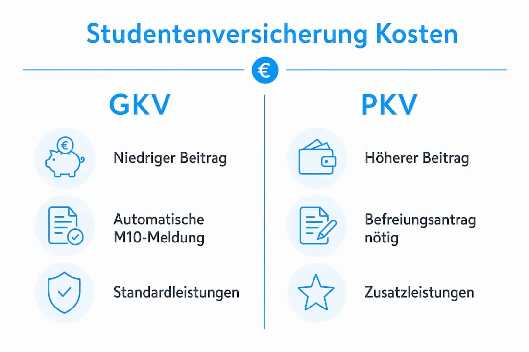 Infografik: Kostenvergleich zwischen gesetzlicher (GKV) und privater (PKV) studentischer Krankenversicherung