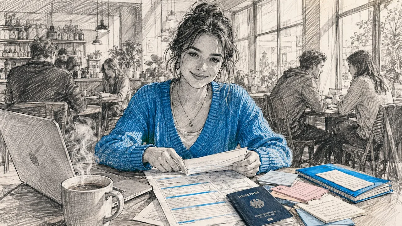 Eine Studentin sortiert am Tisch ihre Versicherungsunterlagen für den Antrag