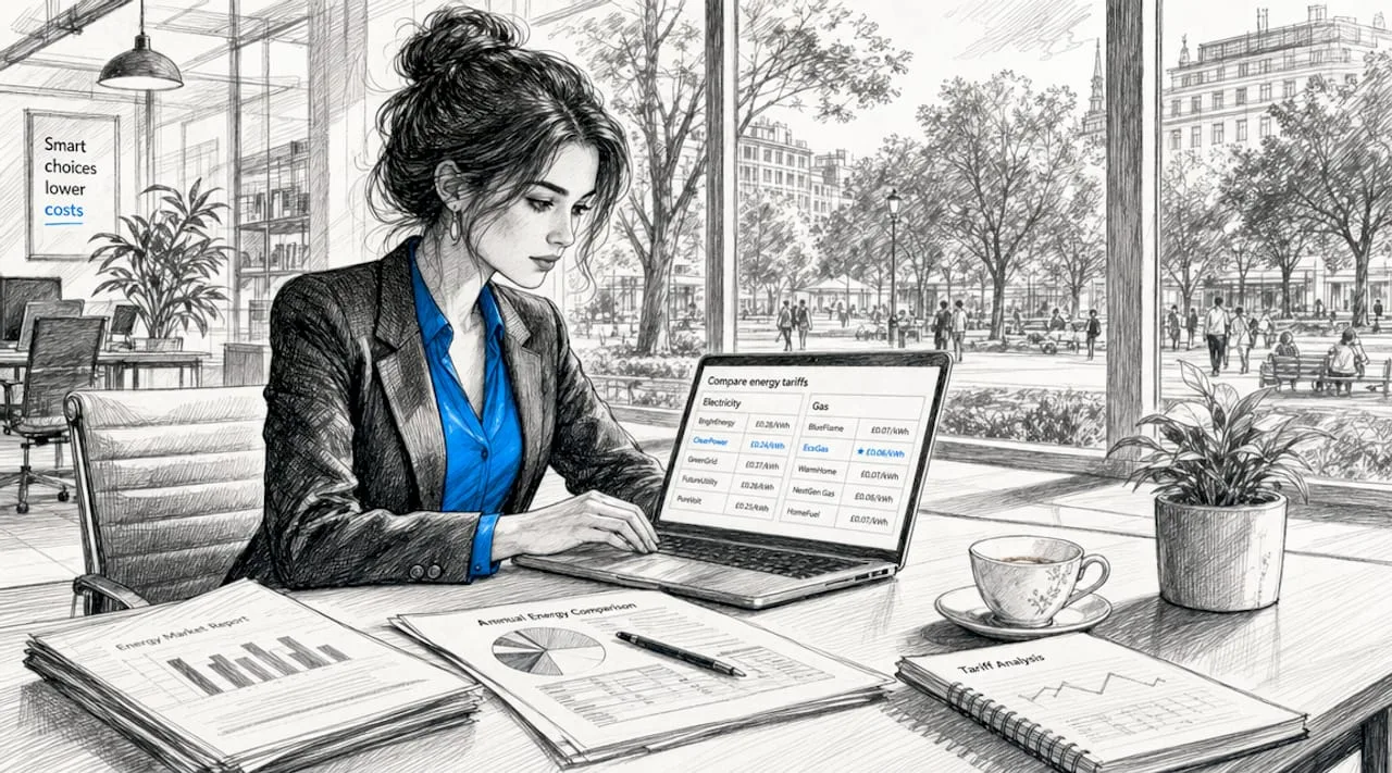 A person compares electricity and gas tariffs on a tablet and reviews their documents