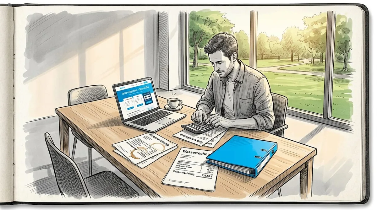 A man at the living-room table reviewing his electricity bills