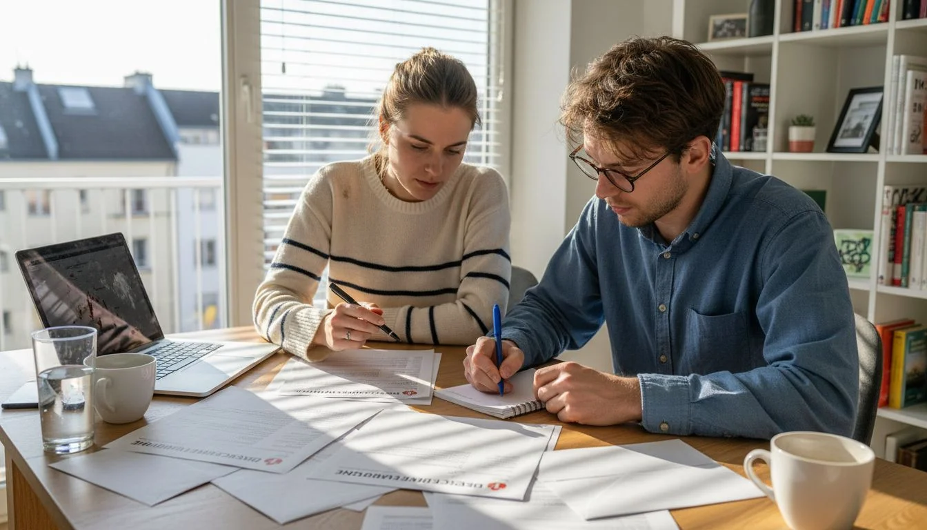 A couple sitting at home reviewing their insurance documents together