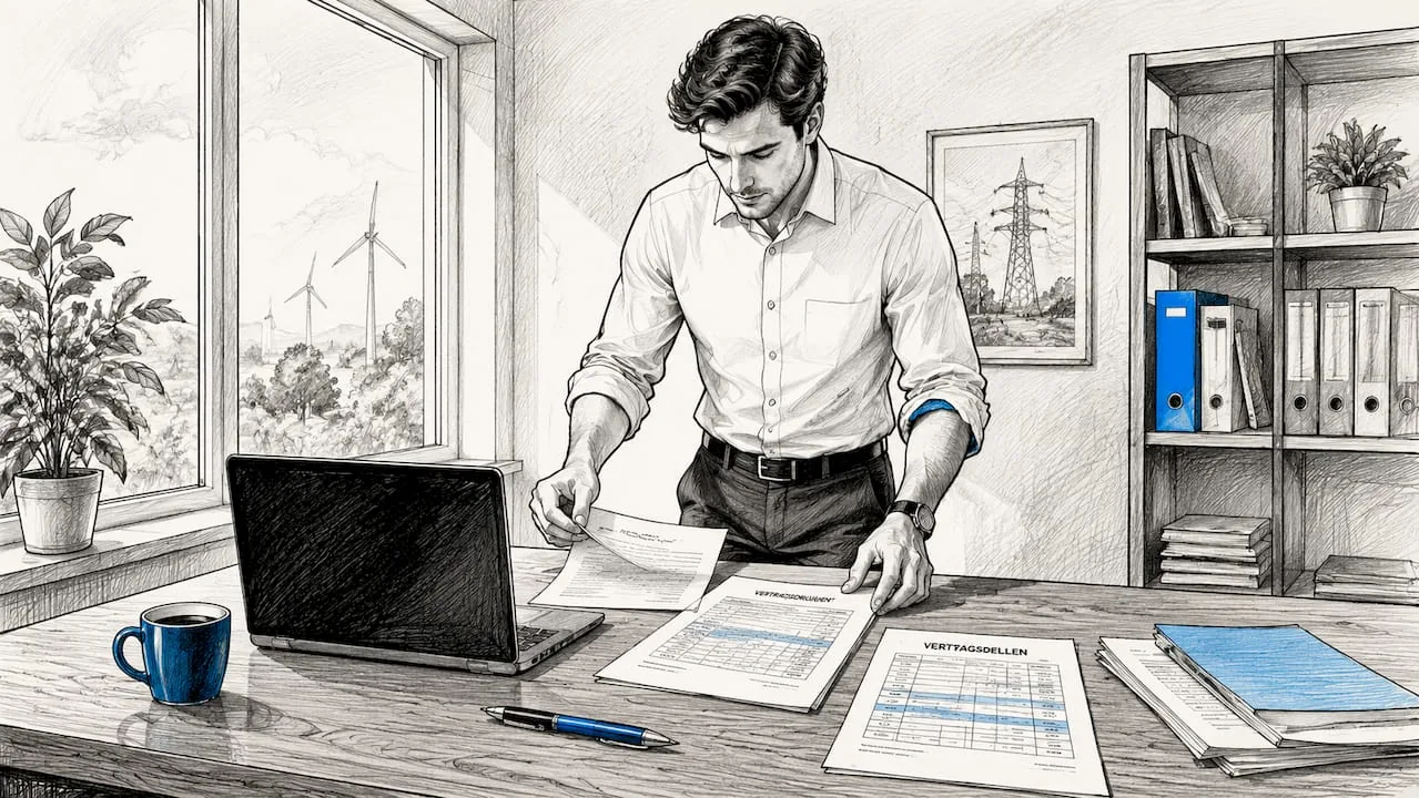 An employee checks and organises energy contracts at a desk